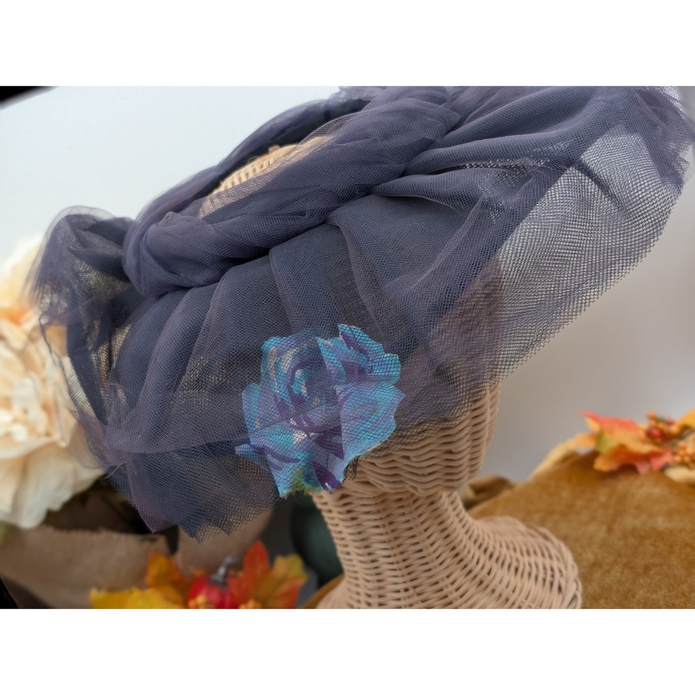 1950s Chon Miss Smoky Slate Blue Tulle Mesh Wide Brim Fascinator Hat With Flower